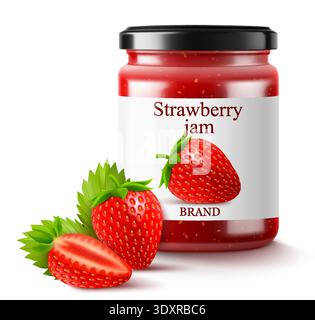 Erdbeermarmelade in einem Glas und frische Beeren isoliert auf weißem Hintergrund. Realistische 3D-Vektor-Illustration des süßen hausgemachten Konservs. Beibehaltene s Stock Vektor