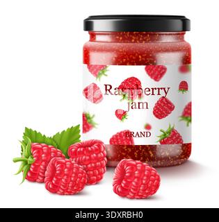 Himbeermarmelade in einem Glas und frische Beeren isoliert auf weißem Hintergrund. Realistische 3D-Vektor-Illustration des süßen hausgemachten Konservs. Erhaltene ra Stock Vektor
