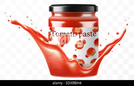 Glas mit Tomatensauce mit Schraubdeckel aus Metall, in einem Spritzer Tomatensaft. Konservengemüse für den Haushalt. Ketchup, Taco oder Tomatensaftkonserv Stock Vektor