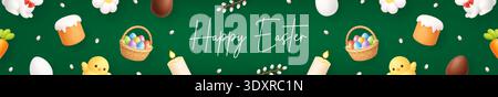 „Happy Easter“-Banner mit 3D-Feiertagselementen. Eier, Korb, Küken und Blumen. Festliche Federleiste Stock Vektor