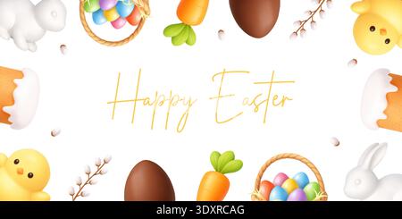 Happy Easter Grußkartenschablone mit 3D-Frühlingselementen. Eier, Häschen, Korb und Blumen Stock Vektor