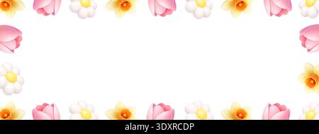 Hintergrund mit Blumen im Frühling. Tulpen, Gänseblümchen und Narzissen Rahmen. Botanisches 3D-Blumendesign Stock Vektor