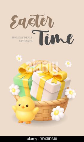 Ostern-Banner mit Küken und Geschenkkorb. Realistische 3D-Illustration zum Weihnachtsverkauf Stock Vektor