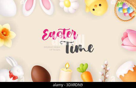 Ostern Banner mit Blumen, Häschen und Feiertagselementen. Realistische 3D-Darstellung der Saison Stock Vektor