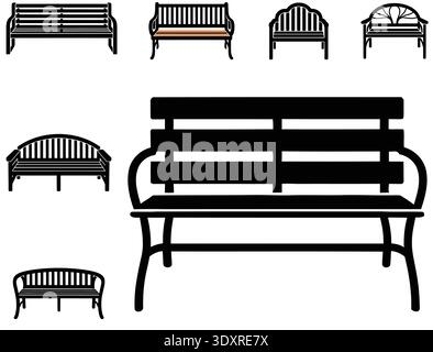 Silhouetten-Set für Parkbank mit Garten im Freien, Set mit Silhouetten für Black Park Bank Stock Vektor