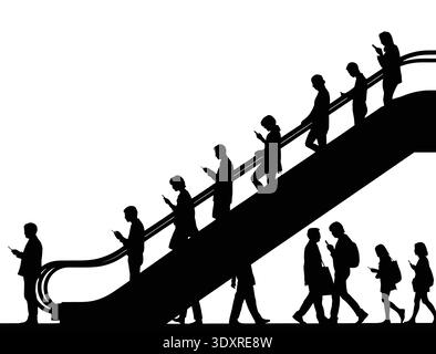 Silhouette von Personen, die auf einer Rolltreppe laufen, Personen, die auf einer Rolltreppe laufen Stock Vektor