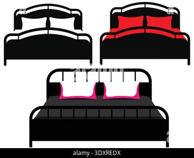 Moderne Bettgarnitur Vektor Illustration, Schlafzimmer Möbel Silhouetten und Umrissdesigns Stock Vektor