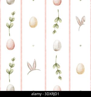 Ostereier, Hasenohren, Weidenzweig auf rosa Streifen. Aquarellbilder im kindlichen Stil. Handgezeichneter nahtloser Druck, isoliert von Stockfoto