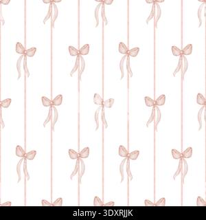 Pinkfarbene Schleifen auf gestreiftem Hintergrund. Aquarellbilder im kindlichen Retro-Stil. Handgezeichneter nahtloser Druck in Pastellfarben für Stockfoto
