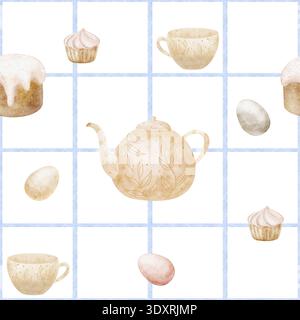 Muster Osterkuchen, Eier, Teekanne, Tasse, Cupcake auf blauem kariertem Hintergrund. Aquarellillustrationen Backwaren im Kinderstil. Handgezeichnet Stockfoto