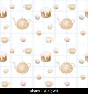 Muster Osterkuchen, Eier, Teekanne, Tasse, Cupcake auf blauem kariertem Hintergrund. Aquarellillustrationen Backwaren im Kinderstil. Handgezeichnet Stockfoto