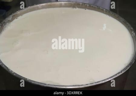Milch auf dem Bauernhof, Kuhmilch von Schüssel zu Schüssel gießen Stockfoto