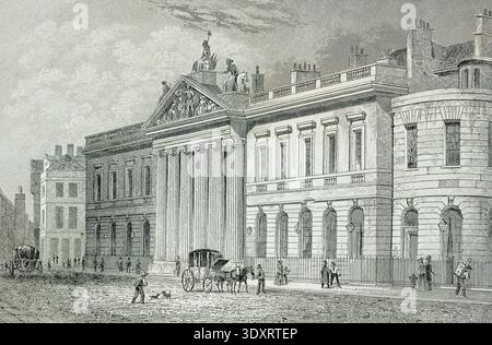 Das East India House of the East Indian Company, London, England, historische Illustration 1844 Stockfoto