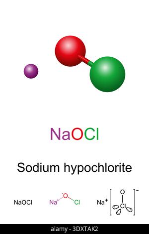 Natriumhypochlorit, Kugelmodell, molekulare und chemische Formel. Chemische Verbindung mit der Formel NaOCl, allgemein bekannt als Bleichmittel. Stockfoto
