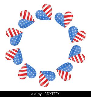 Runder, festlicher Rahmen für den amerikanischen Unabhängigkeitstag mit der Flagge des Landes in Herzform. Handgezeichnete Aquarellillustration. Stockfoto