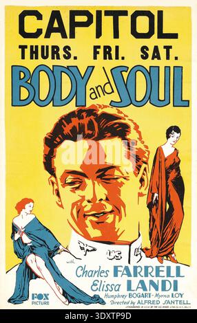 Dieses lebhafte Filmplakat für „Body and Soul“ von Fox Pictures aus dem Jahr 1931 zeigt eine dramatische Illustration von Charles Farrell neben weiblichen Figuren, die mit seiner Figur assoziiert sind. Die Werbekunst wirbt für Filmvorführungen im Capitol und hebt die Stars Charles Farrell und Elissa Landi hervor, mit Nebenrollen von Humphrey Bogart und Myrna Loy. Stockfoto