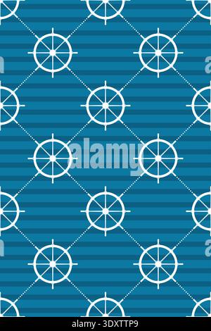 Marineblaues nahtloses Muster. Blaue Wellen mit schiffsrudern Stock Vektor