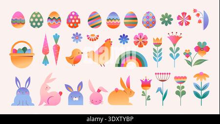 Happy Easter Kollektion mit Illustrationen, Ikonen, Symbolen und grafischen Elementen. Bunte Ikonen mit Häschen, Blumen, Eiern und Korb Stock Vektor
