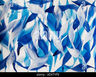 Stilisierte blaue Blätter in Acrylfarbe auf weißem Aquarellpapier. Stockfoto