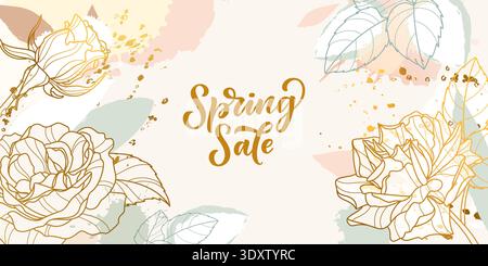 Blumenbanner im Frühjahr mit goldenen Linien und Rosenblüten. Abstraktes Aquarell mit goldenem und pastellrosa Hintergrund. Luxuriöses Vektor-Design Stock Vektor