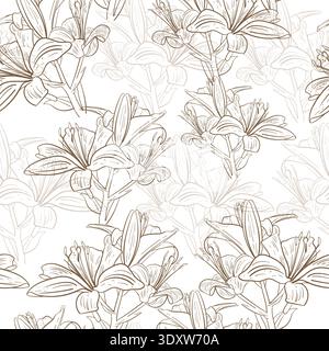 Nahtloses Lilienmuster im eleganten Line Art-Stil. Botanischer Hintergrund des Blumenvektors mit detaillierten Umrissblumen, perfekt für Stoff, Tapete Stock Vektor