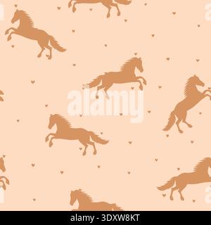 Nahtloses Tiermuster mit Zeichentrickpferden auf farbigem Hintergrund. Niedliche Feiertagsillustration mit Pferd. Design für Einladung, Poster, Karte, Stoff Stock Vektor