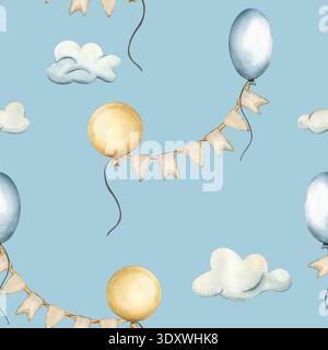 Nahtloses Muster mit Ballons, Wolken und Girlanden mit Fahnen. Aquarell handgezeichnete Illustration von festlichen Dekorationen für Kinder Tapeten und Stockfoto