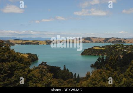 Panoramablick auf die Küste von Waiheke Island mit Blick auf türkisfarbene Buchten, bewaldete Landzungen und sanfte Hügel im Hauraki Golf, Auckland, Neuseeland Stockfoto