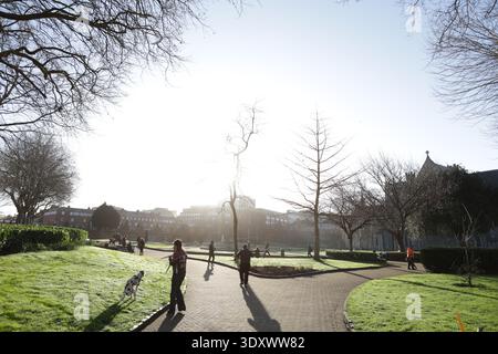 Dublin, Irland - 03. März 2026: Raues Licht wirft Schatten bei Sonnenaufgang im Saint Patrick's Park in Dublin, während die Menschen an einem angenehmen sonnigen Morgen in der irischen Hauptstadt vorbeikommen Stockfoto