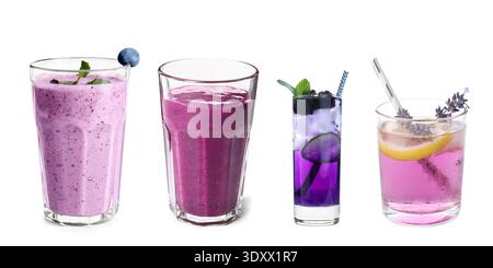 Verschiedene violette Cocktails isoliert auf weiß, Set Stockfoto