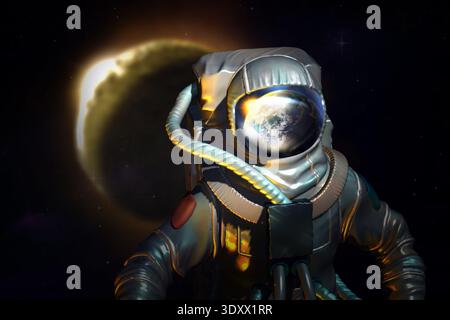 Astronaut im Weltraum gegen den Planeten. Astronomisches Objekt reflektiert im Helm seines Raumanzugs Stockfoto