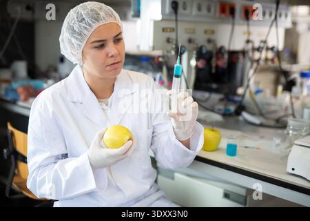 Junge Wissenschaftlerin prüft Früchte auf schädliche Elemente, injiziert Spritze in Apfel im Labor Stockfoto