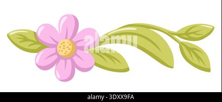 Frühlingsblumenzweig mit grünen Blättern. Karikaturvektor isolierte Illustration auf weißem Hintergrund Stock Vektor