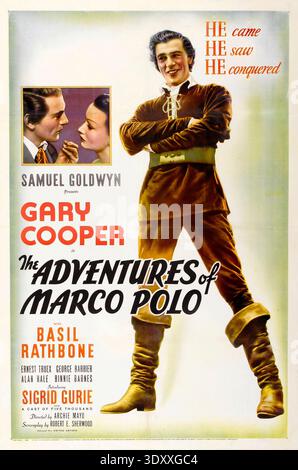 1938 das Filmplakat „die Abenteuer von Marco Polo“. Amerikanischer historischer Abenteuerfilm von Archie Mayo mit Gary Cooper Stockfoto