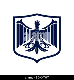 Mittelalterlicher königlicher Adlerschild, Wappenvogel-Ikone. Adlervogel mittelalterliches Wappenwappen-Emblem, Falke Vintage Wappen-Symbol. Falke altes Wappen-Symbol oder -Schild mit ausgebreiteten Flügeln und Krone auf dem Kopf Stock Vektor