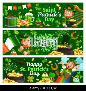 Happy St. Patrick Day-Banner mit Zeichentrickfiguren, Schamrock-Kleeblättern und goldenen Töpfen. St Patrick Day Vektor-Grußbanner mit irischem Weihnachtsfeier grünes Bier und Flaggen Stock Vektor