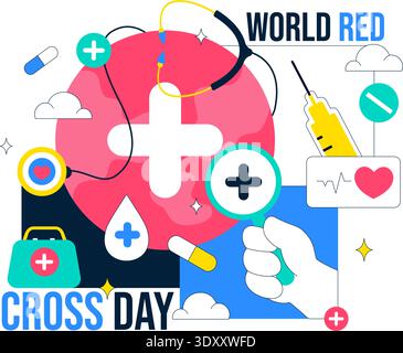 Welt-Rote Kreuz Tag Healthcare Unterstützung Mit Medizinischen Symbolen Herzschlag Stethoskop Und Spritze Vektor Illustration Für Globale Awareness Kampagne Stock Vektor