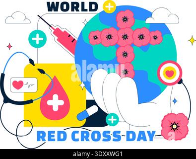 Welt-Rote Kreuz Tag Healthcare Unterstützung Mit Medizinischen Symbolen Herzschlag Stethoskop Und Spritze Vektor Illustration Für Globale Awareness Kampagne Stock Vektor