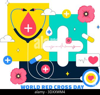 Welt-Rote Kreuz Tag Healthcare Unterstützung Mit Medizinischen Symbolen Herzschlag Stethoskop Und Spritze Vektor Illustration Für Globale Awareness Kampagne Stock Vektor