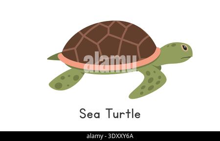 Meeresschildkröte Vektor-Illustration. Niedliche Meeresschildkröten-Karikatur-Clipart, Tier im flachen Stil. Meerestiere, Unterwassertiere, Meerestiere, Meereslebewesen Stock Vektor