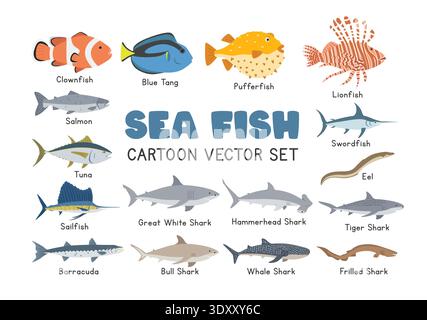 Seefisch-Vektor-Illustration Set. Seefisch-Karikatur-Clipart in flachem Stil. Haie, Lachs, Thunfisch, Clownfisch, Blauschnecke, Pufferfisch, Aal, Schwertfisch Stock Vektor