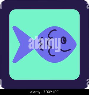 Blauer und türkisfarbener AI-Technologie-Doodle-Outline-Aufkleber mit Fisch. Helles Flaches Symbol Stock Vektor