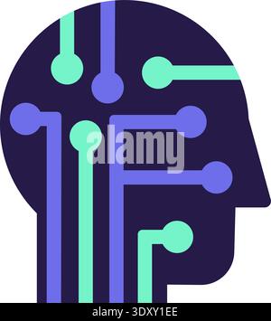 Blauer und türkisfarbener „AI Technology Doodle Outline“-Aufkleber mit Kopf und Chip. Helles Flaches Symbol Stock Vektor