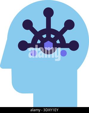Blauer und türkisfarbener „AI Technology Doodle Outline“-Aufkleber mit menschlichem Kopf. Helles Flaches Symbol Stock Vektor