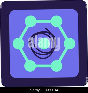 Blauer und türkisfarbener „AI Technology Doodle Outline“-Aufkleber mit Cyber-Chip. Helles Flaches Symbol Stock Vektor