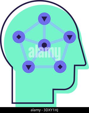 Blauer und türkisfarbener „AI Technology Doodle Outline“-Aufkleber mit man Head. Helles Flaches Symbol Stock Vektor