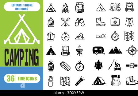 Minimaler Symbolsatz für Camping – bearbeitbare Strichdarstellung Stock Vektor