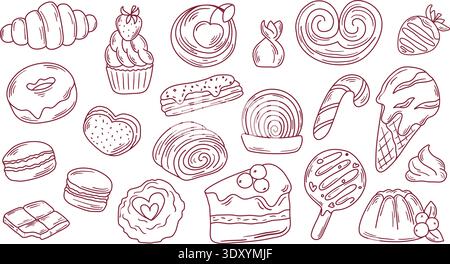 Handgezeichnetes Set süßer Backwaren und Süßigkeiten. Kuchen, Kekse, Kuchen, Cupcake, Pudding, Croissant, Eis, Süßigkeiten, Eclair, Erdbeerri mit Schokoladenüberzug Stock Vektor