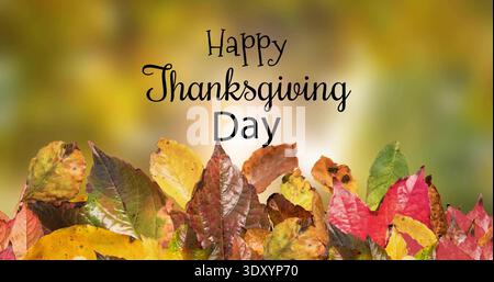 Herbstblätter stapeln sich mit zentriertem Happy Thanksgiving Day Text auf der Karte, warmer Bokeh Hintergrund Stockfoto