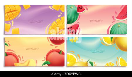 Sommer tropische Früchte Hintergrund Clipart Banner Set. Tropische Früchte im farbenfrohen Hintergrund wie Mango, Wassermelone, Pfirsich und Zitronenclip Art Fresh Stock Vektor